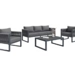 5-teilige Gartenmöbelgarnitur – Sofa, Sessel und Tisch, Gartenmöbel mit Metallgestell und grauen Kissen