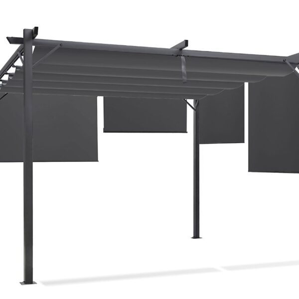 Pergola Sonderausführung mit einziehbarem Dach (3 x 4 m) und 4 anthrazitgrauen Markisen